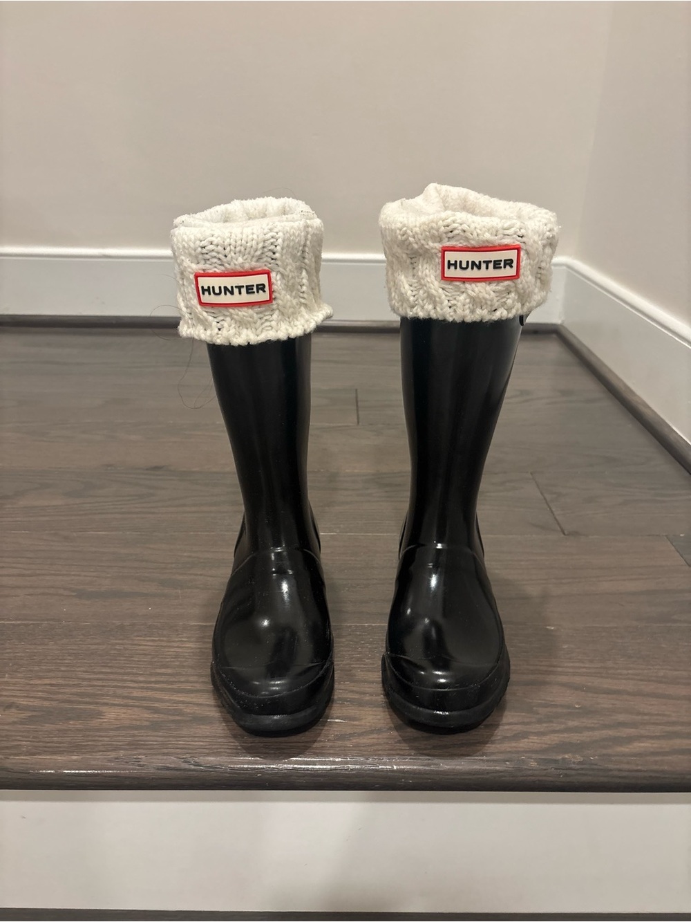 Hunter Kids Black Rain Boots with Cream Knit Cuffs